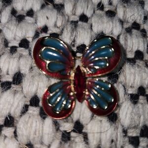 Vintage Enameled Butterfly Pin w/Red Stone Gold-tone